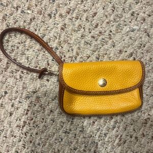 Cute, yellow leather, Junior Burke, wristlet signature, red fabric inside
